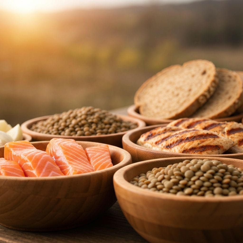 Protein sources in wooden bowls